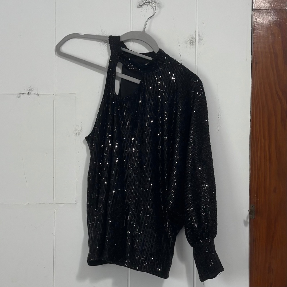 CBR Black Sequin One Shoulder Top Mock Neck Long Puff Sleeve Cutout Blouse Small